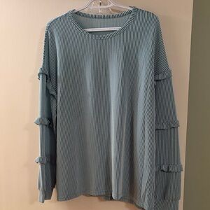 Ribbed Long Sleeve Ruffle-Trim Pullover - Light Blue